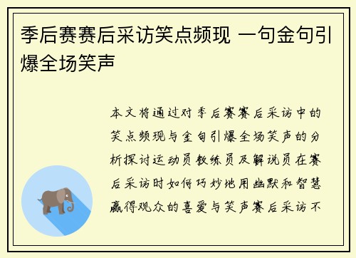 季后赛赛后采访笑点频现 一句金句引爆全场笑声
