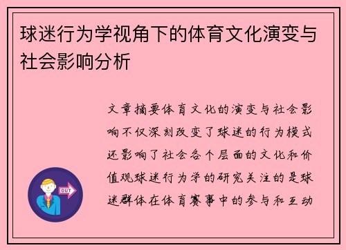 球迷行为学视角下的体育文化演变与社会影响分析